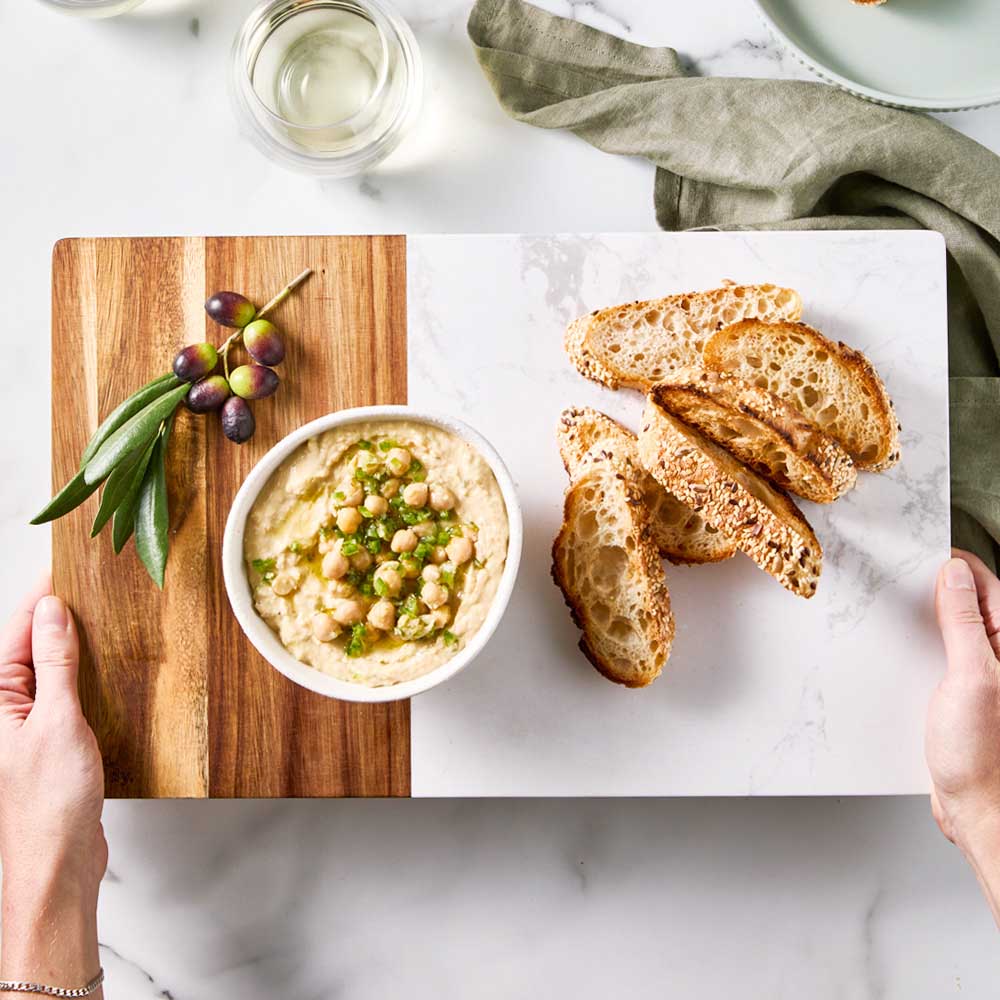 40cm Acacia and Marble Serving Board with bread and dip - Robins Kitchen
