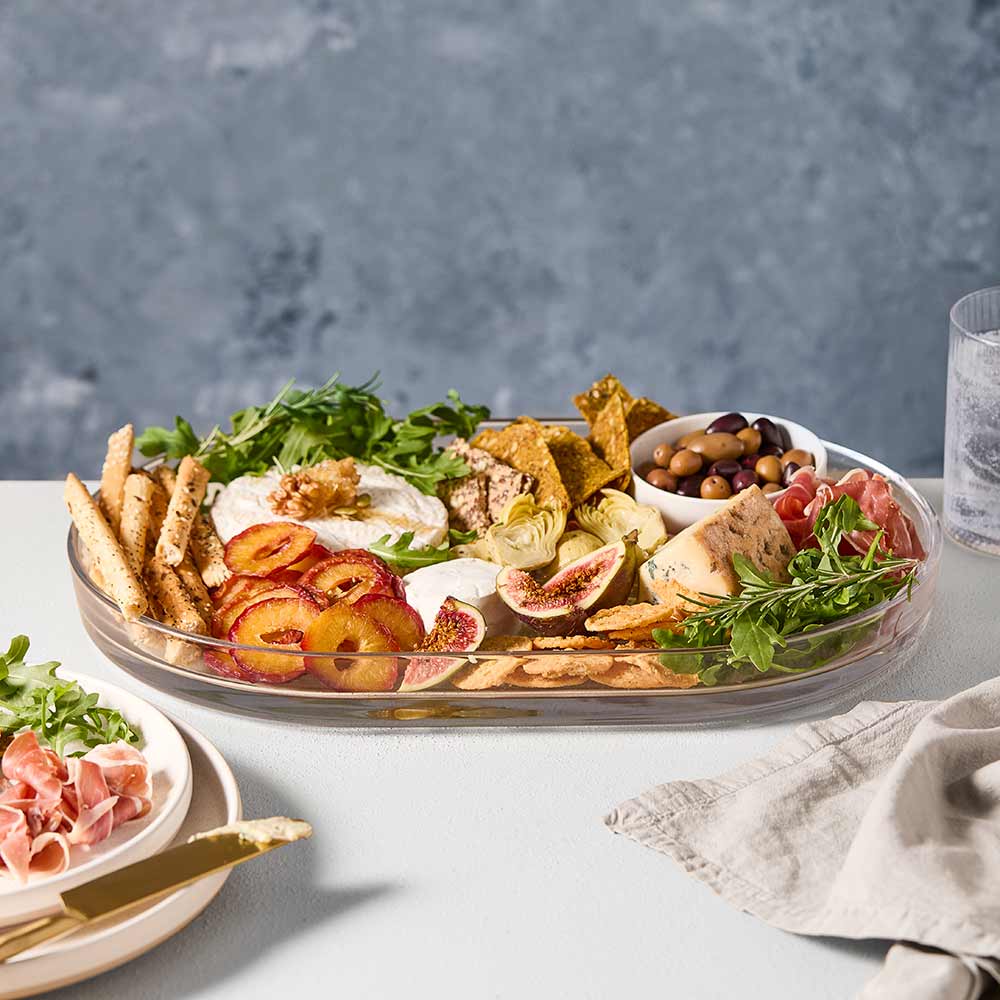 glass oval platter with charcuterie