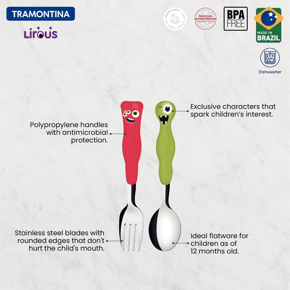 Tramontina 2 Piece Children's Cutlery Set Monster infographic - Robins Kitchen