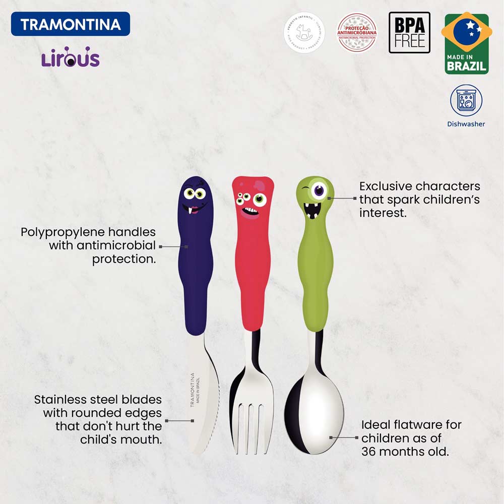 Tramontina 3 Piece Children's Cutlery Set with Monster handles - Robins Kitchen