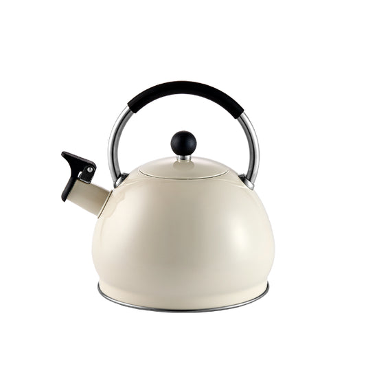 Oat-coloured stovetop kettle with handle, lid and spout.