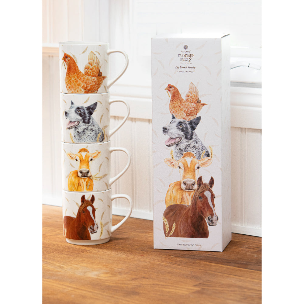 Ashdene Farmyard Faces 2 Set Of 4 Stackable Mugs