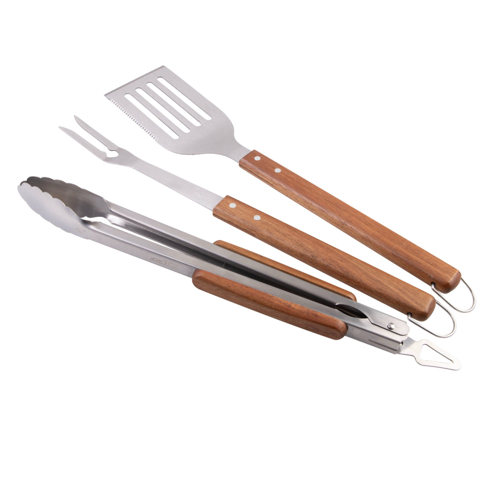Urban Grill 3 Piece Barbeque Tool Set Acacia Handles With Carry Case