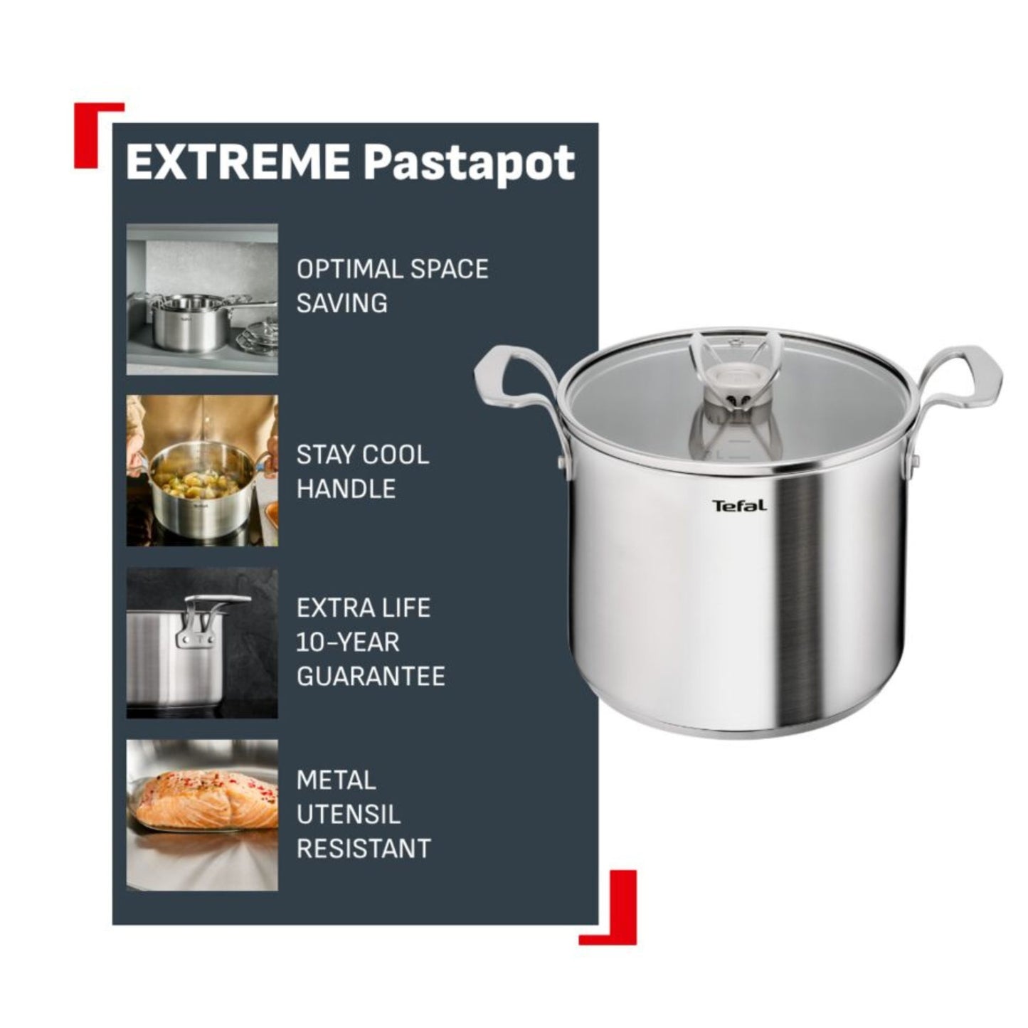 Tefal Space+ Extreme Induction Stainless Steel Pasta Pot 22cm & Lid