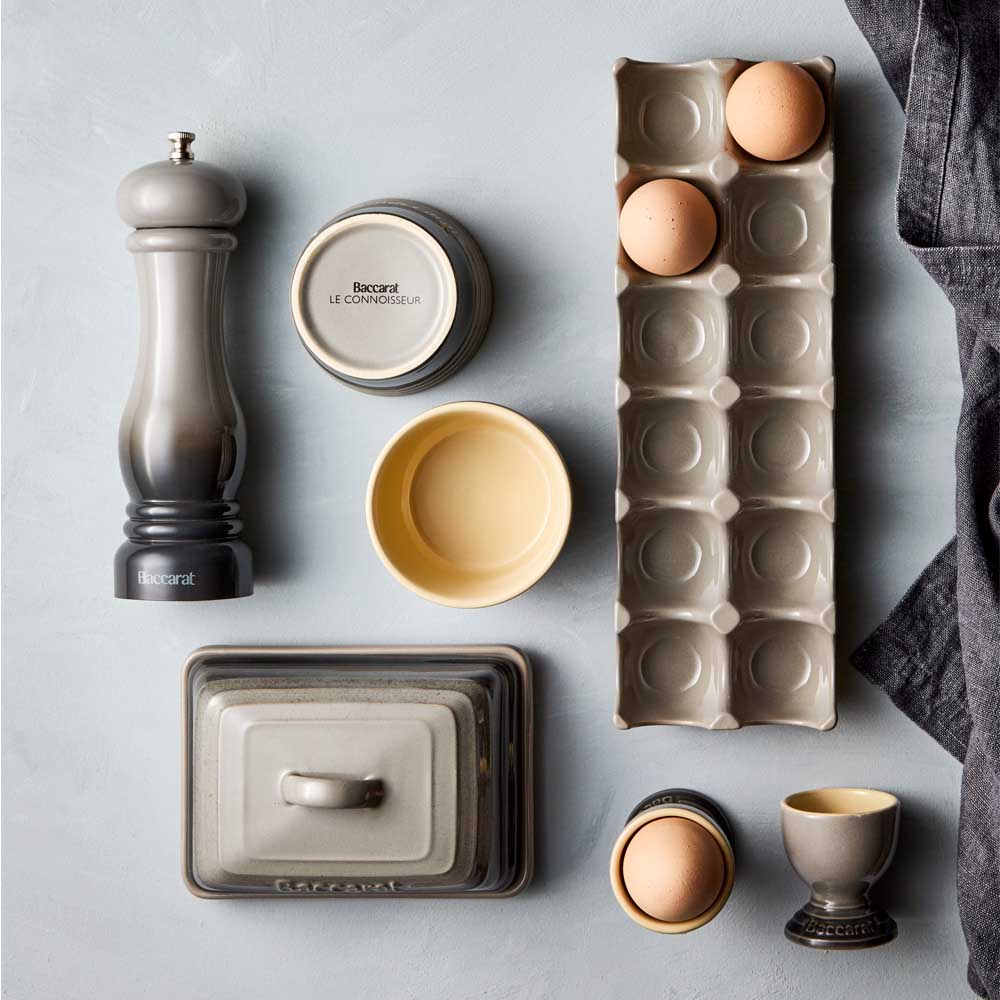stoneware egg cups & tray, butter dish, pepper grinder in grey - Robins Kitchen
