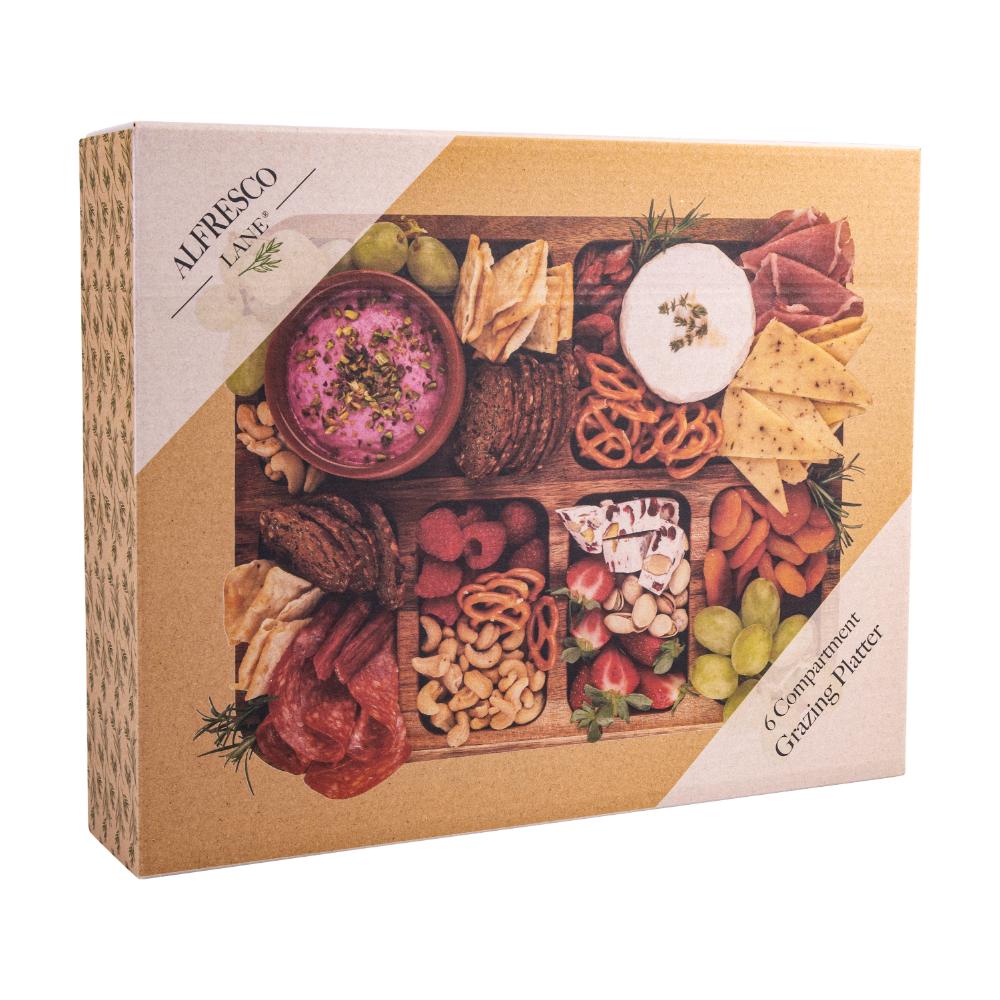 Alfresco Lane Acacia Wood 6 Compartment Rectangular Grazing Platter with Lid