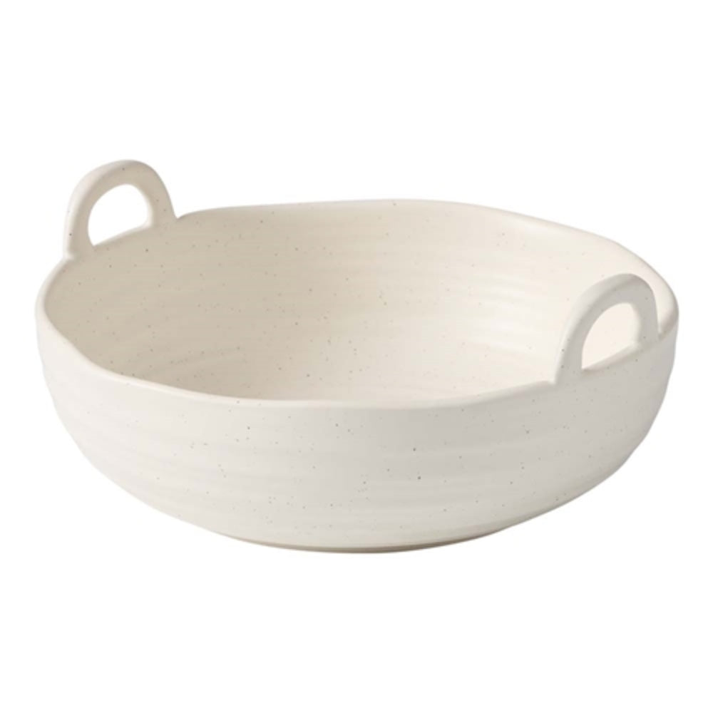 Stoneware serving bowl with side handles for easy serving and a smooth finish.