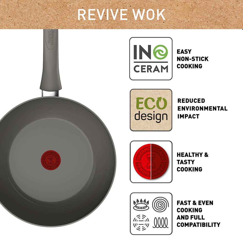 Tefal Revive Ceramic Induction Non-Stick Wok 28cm infographic at Robins Kitchen