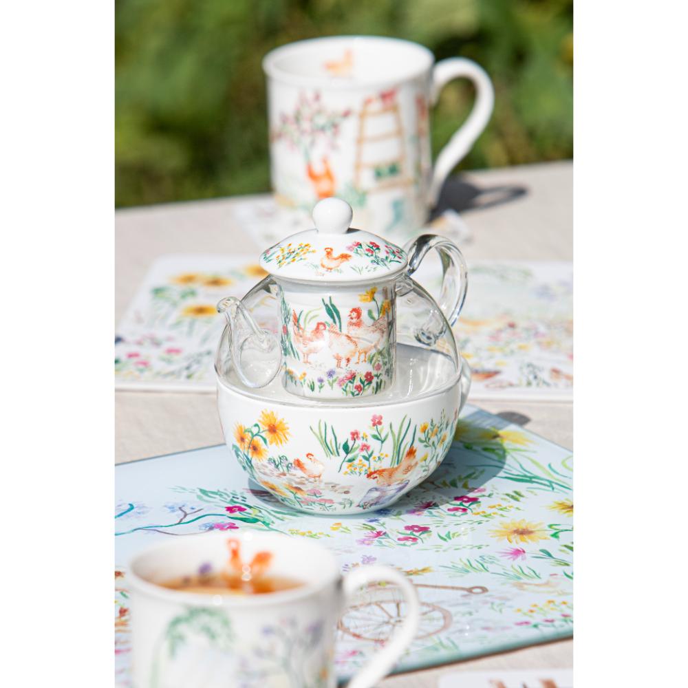 Ashdene Garden Hens Glass Top Tea For One