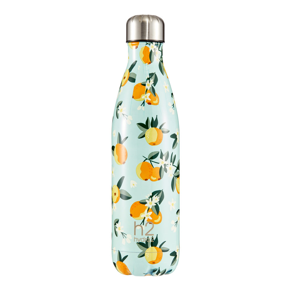 h2 hydro2 Quench Stainless Steel Water Drink Bottle 750ml orange and floral design