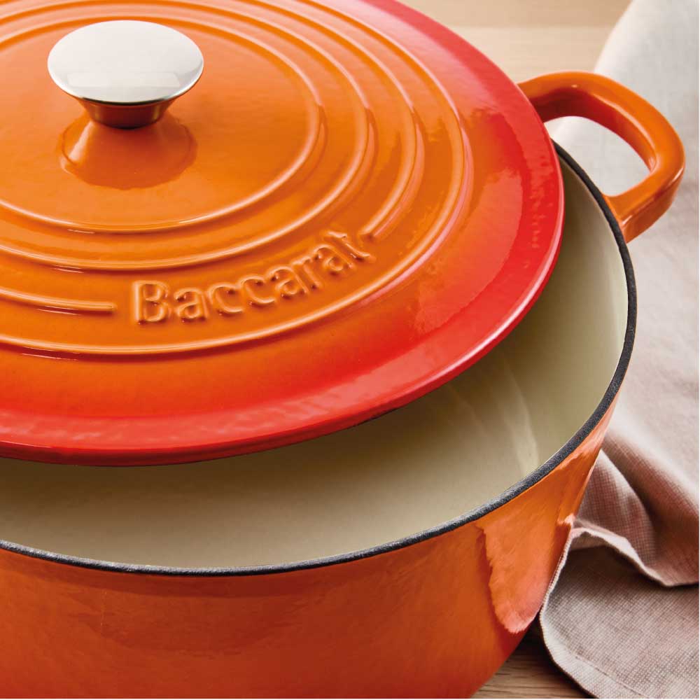 Baccarat Le Connoisseur Cast Iron Round French Oven 6.3L Lava Orange at Robins Kitchen