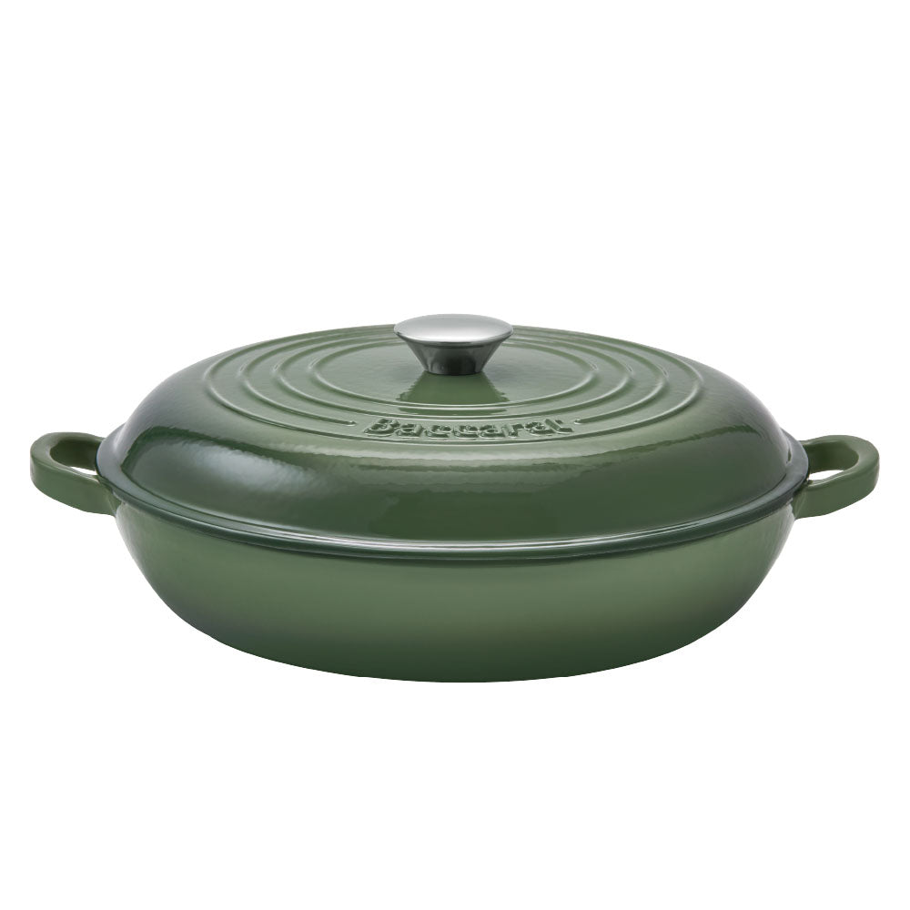 Baccarat Le Connoisseur Cast Iron Round French Saute Pan 31cm Sage Green at Robins Kitchen