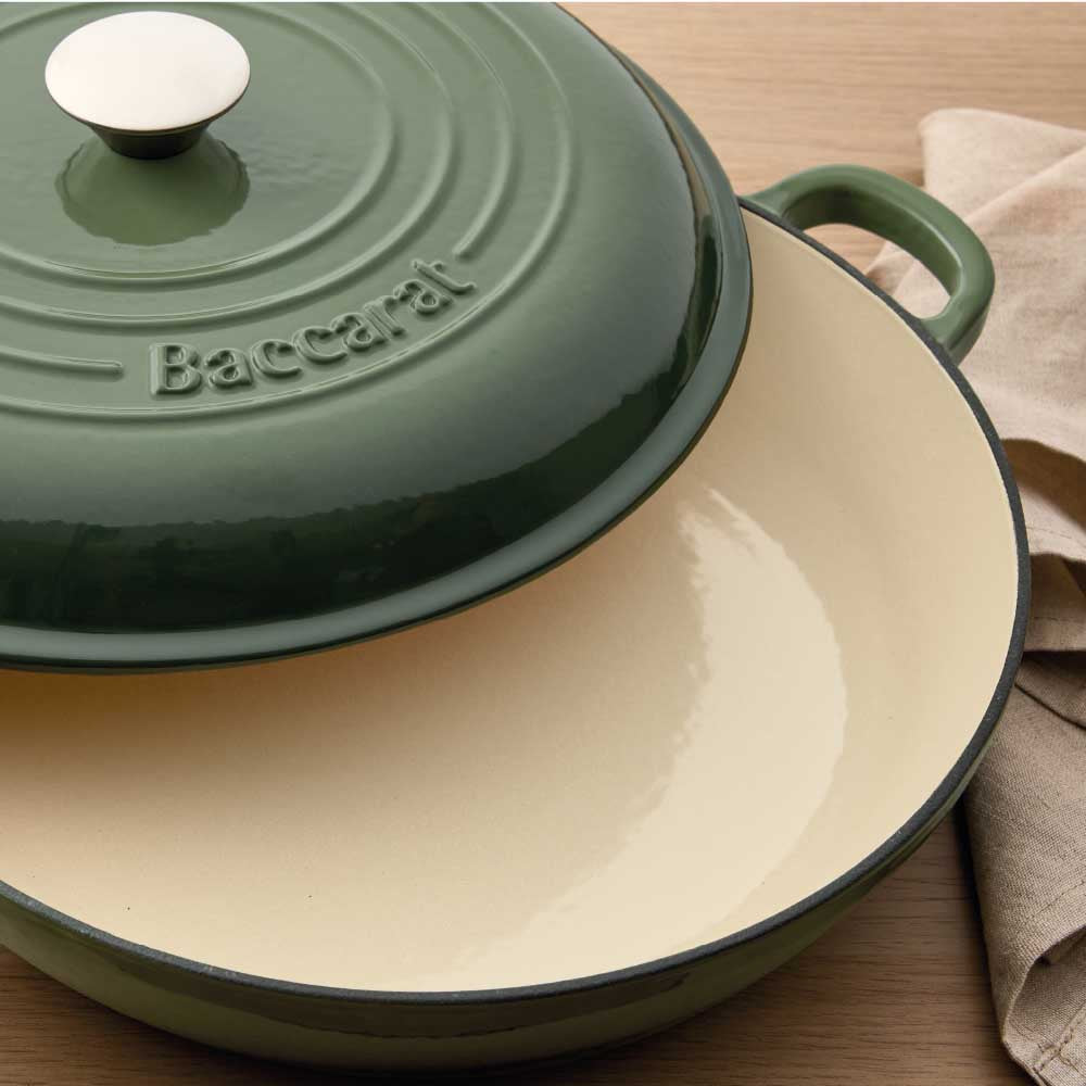 Baccarat Le Connoisseur Cast Iron Round French Saute Pan 31cm Sage Green at Robins Kitchen