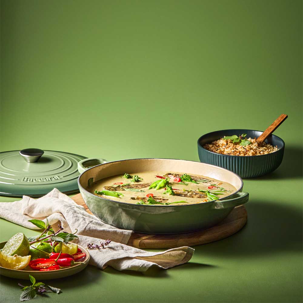 curry in green saute pan with a side of rice - Robins Kitchen