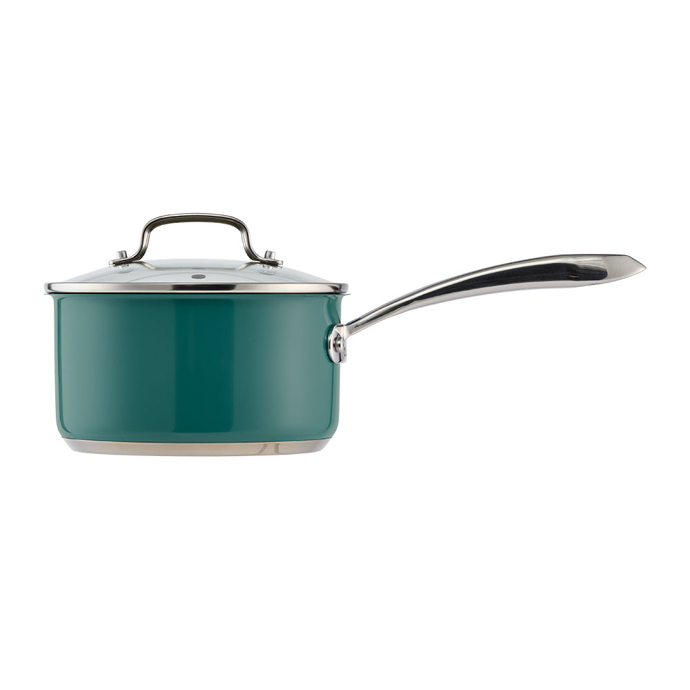 Baccarat SIGNATURE 6 Piece Cookware Set Forest Green with saucepan at Robins Kitchen