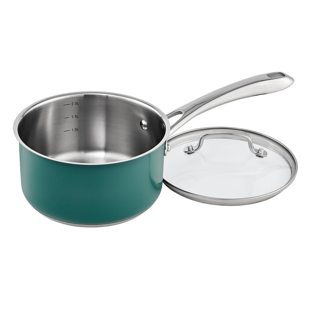 Baccarat SIGNATURE 6 Piece Cookware Set Forest Green with saucepan with inner measurement markings at Robins Kitchen