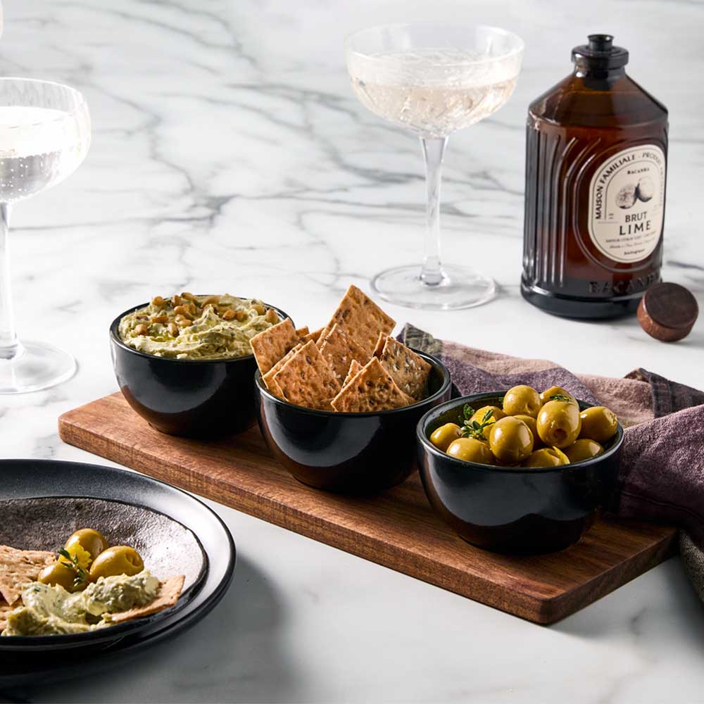 Serving Board with 3 Green Bowls with dip, olives, and crackers - Robins Kitchen