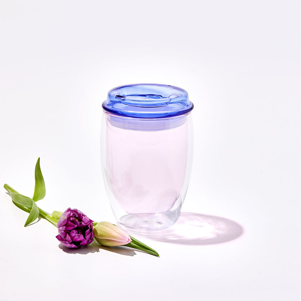 Pink double wall glass travel cup with blue lid - Robins Kitchen