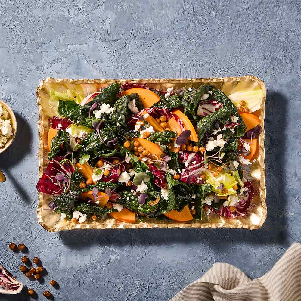 Gold Rim Rectangular Tray with peach salad