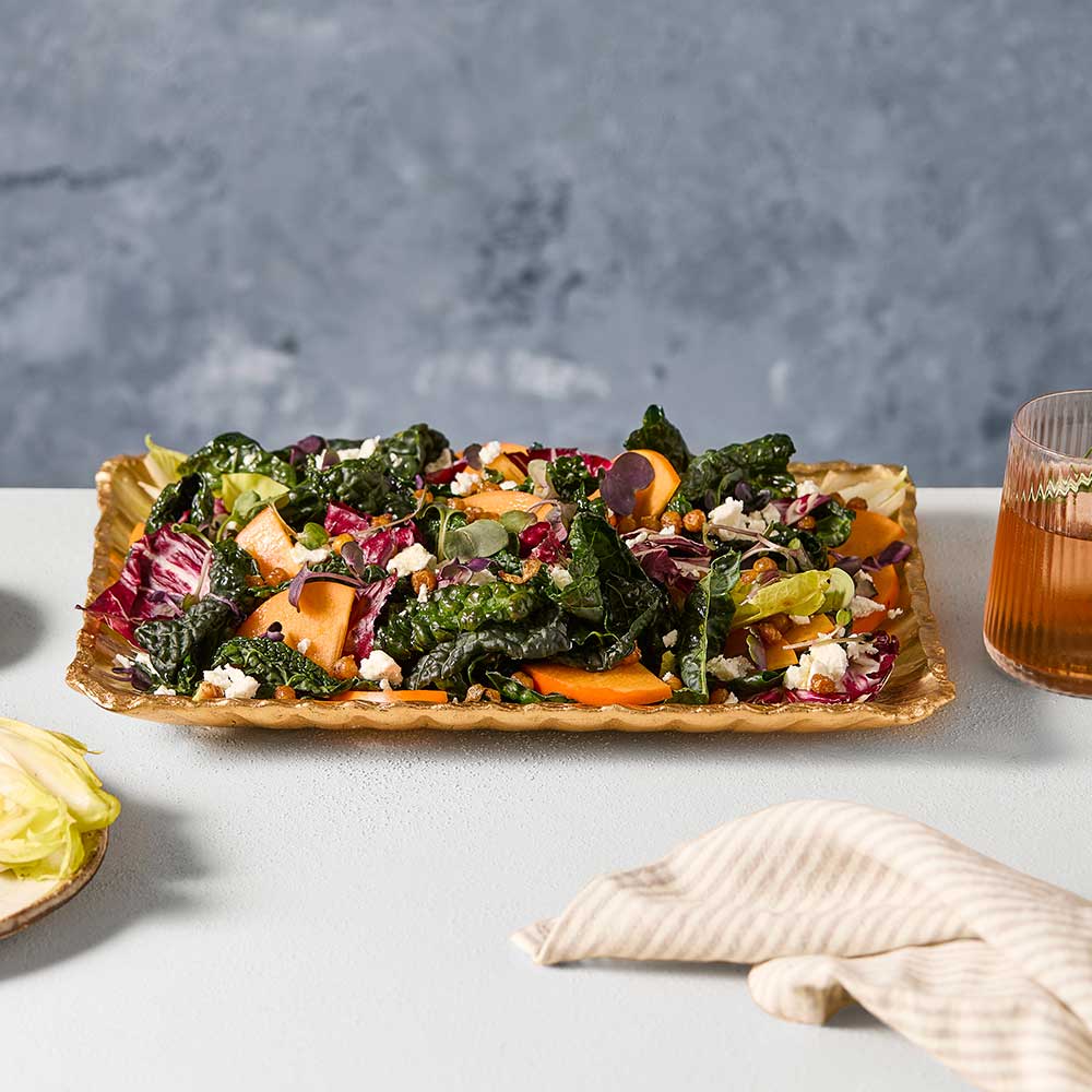 Gold Rim Rectangular Tray with peach salad
