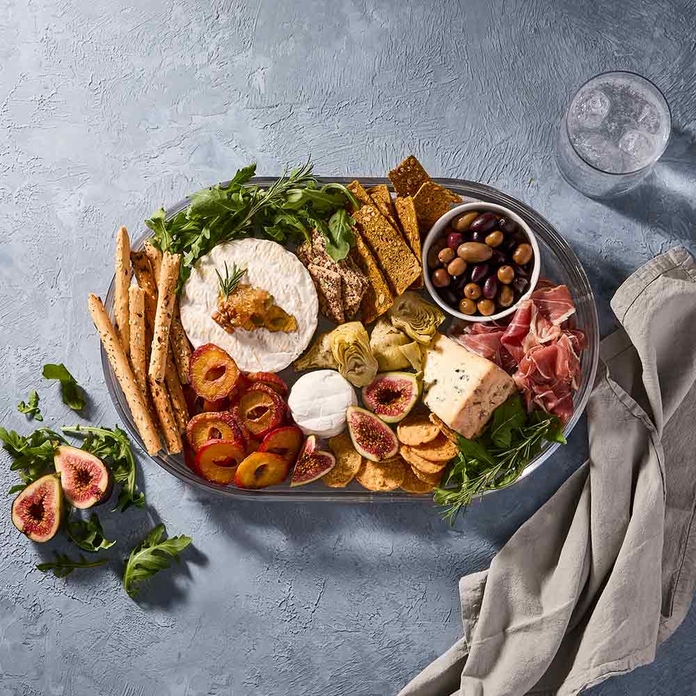 glass oval platter with charcuterie