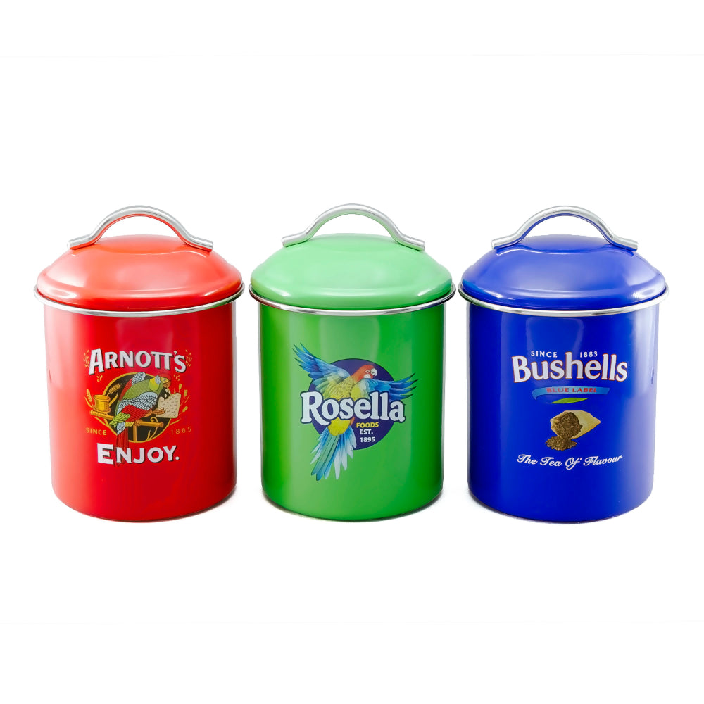 Rojo Arnotts, Bushells & Rosella Canisters Set Of 3 Powder Coated With Sealed Rim