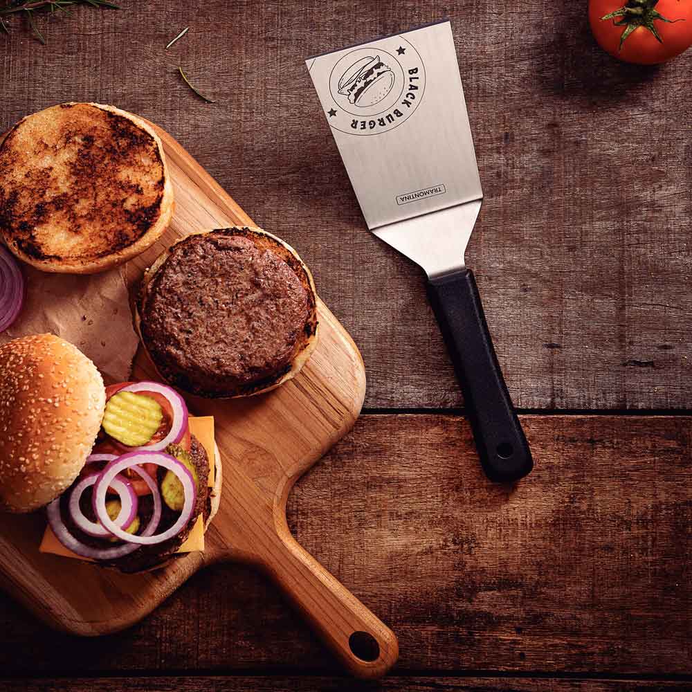 Hamburger Flat Spatula with burgers, paddle on wooden table - Robins Kitchen