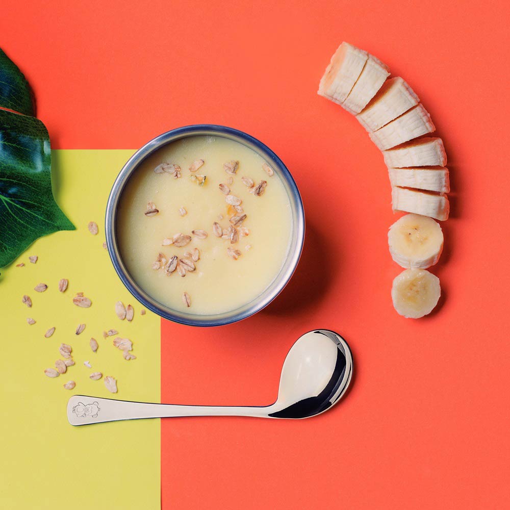 Curved Baby Spoon with bowl of porridge and banana - Robins Kitchen