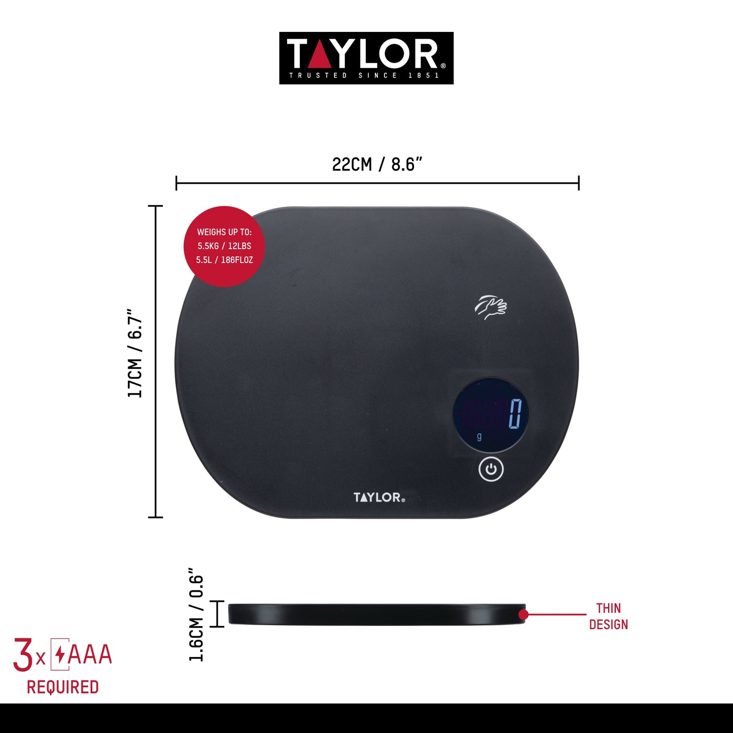Taylor Touchless Tare Digital Dual Kitchen Scale 5.5kg