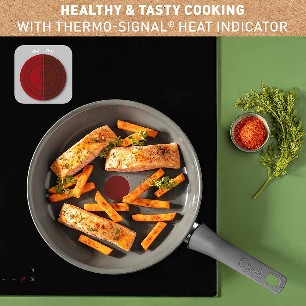 Tefal Revive Ceramic Induction Non-Stick Frypan heat indicator infographic at Robins Kitchen